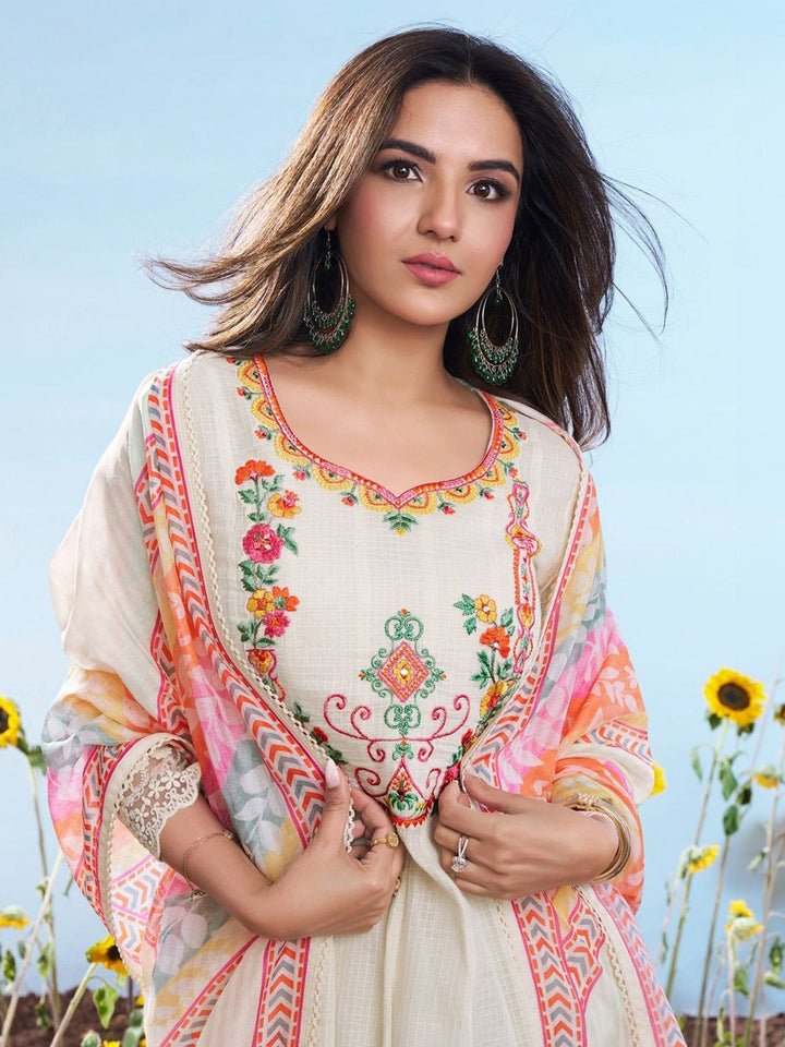 White Embroidered Cotton Blend Kurta Pant with Dupatta