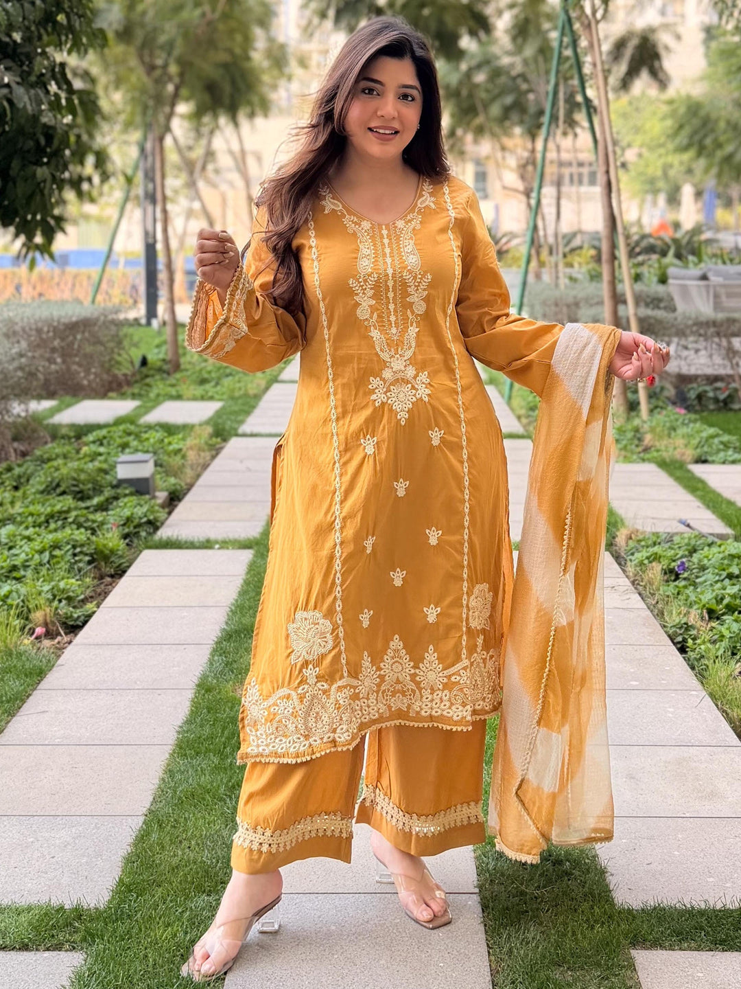 Mustard Embroidered Chanderi Kurta Palazzo with Dupatta