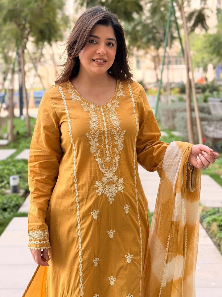 Mustard Embroidered Chanderi Kurta Palazzo with Dupatta