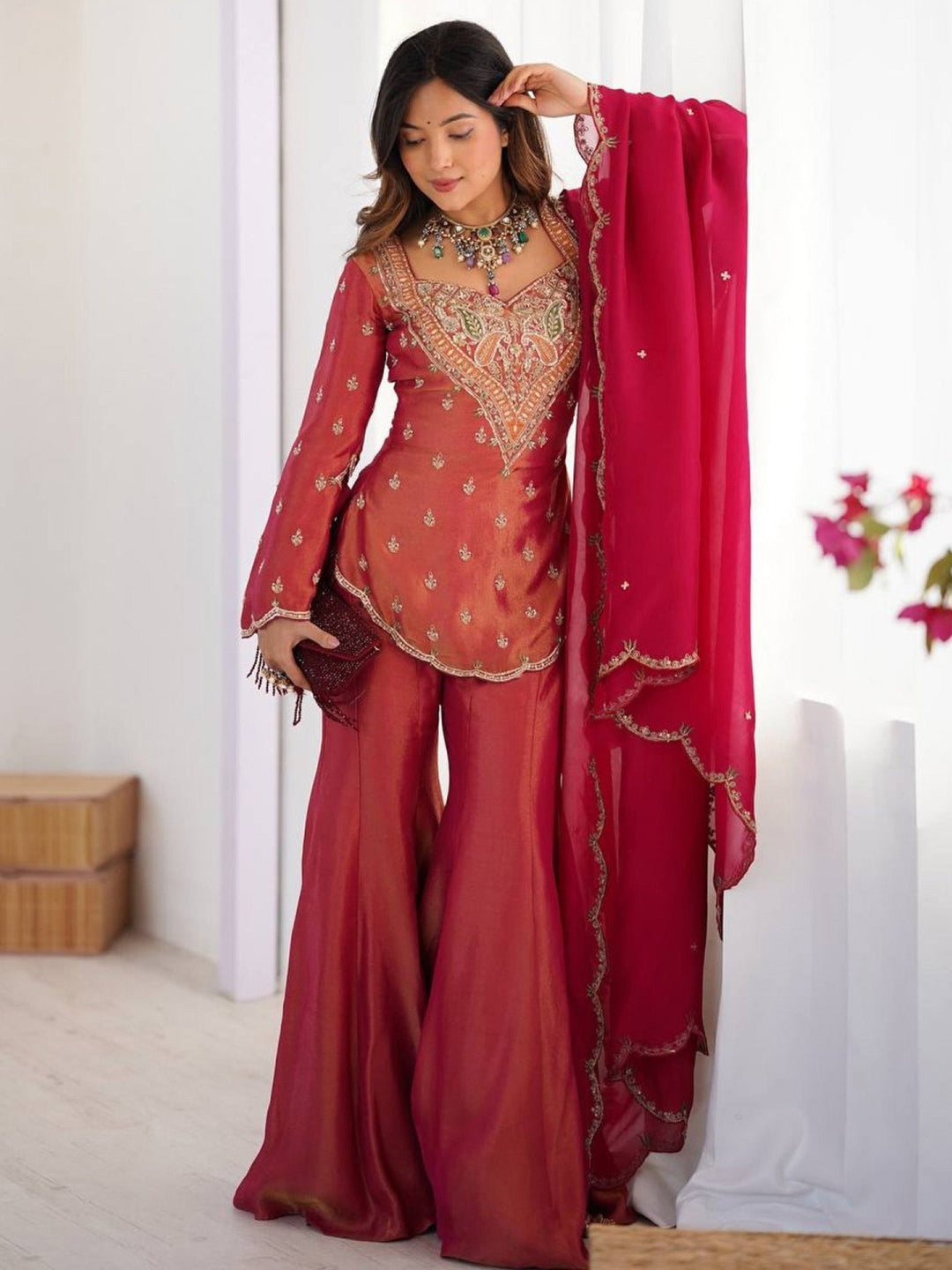 Rust Embroidered Chanderi Kurta Palazzo with Dupatta