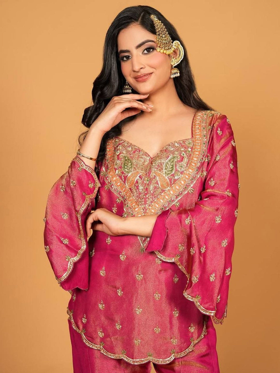 Rust Embroidered Chanderi Kurta Palazzo with Dupatta
