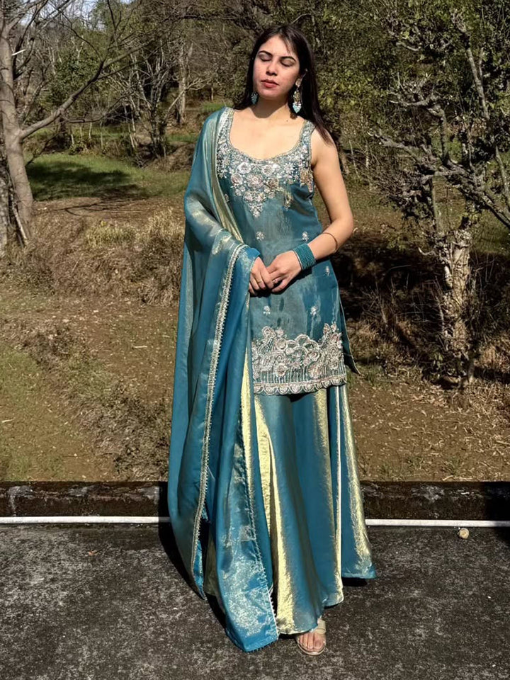 Peacock Blue Embroidered Satin Kurta Palazzo with Dupatta