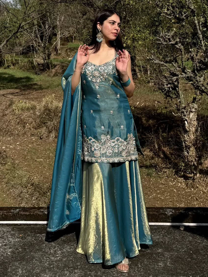 Peacock Blue Embroidered Satin Kurta Palazzo with Dupatta