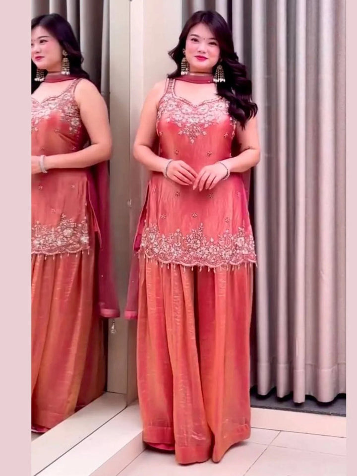 Peach Embroidered Satin Kurta Palazzo with Dupatta