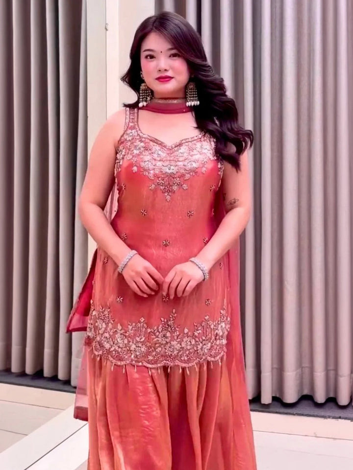 Peach Embroidered Satin Kurta Palazzo with Dupatta