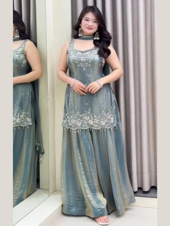Steel Grey Embroidered Satin Kurta Palazzo with Dupatta