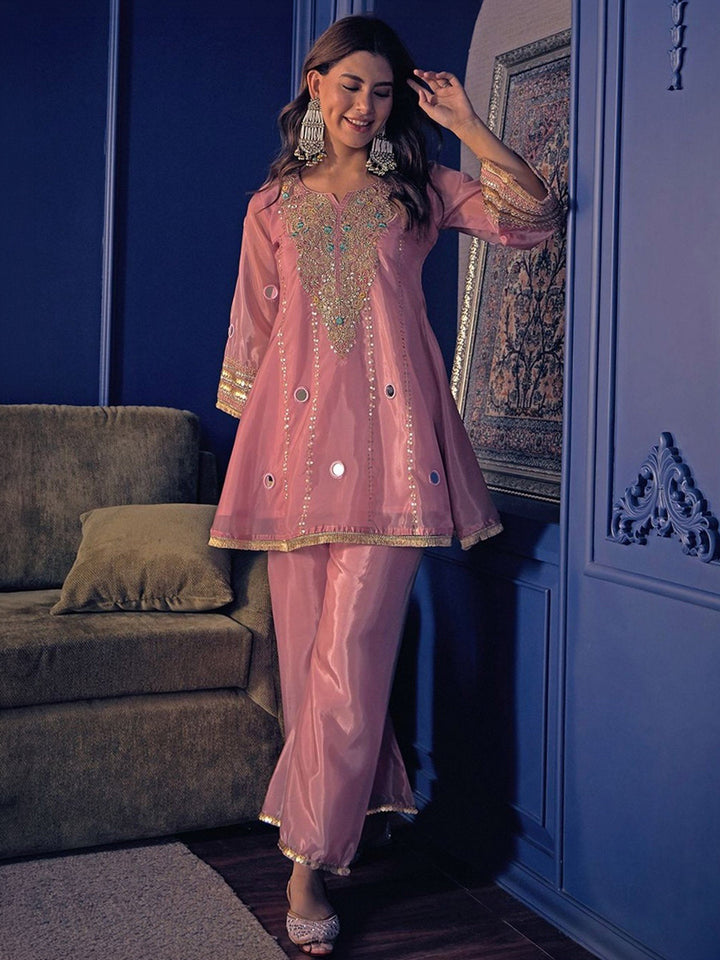 Lavender Embroidered Art Silk Kurta with Pant