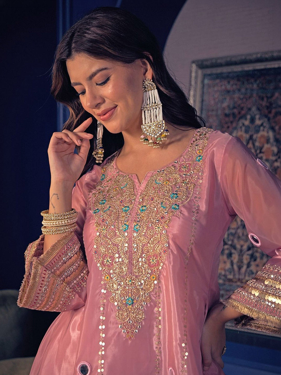 Lavender Embroidered Art Silk Kurta with Pant
