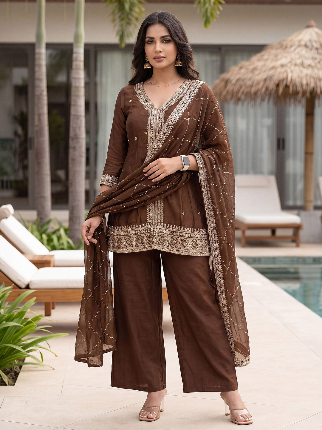 Brown Embroidered Crepe Kurta Palazzo with Dupatta