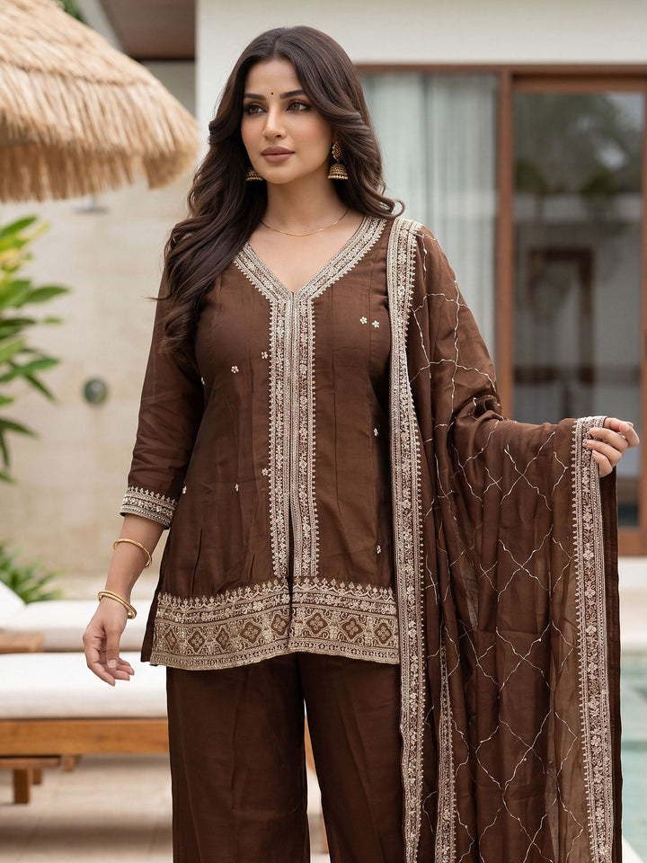 Brown Embroidered Crepe Kurta Palazzo with Dupatta