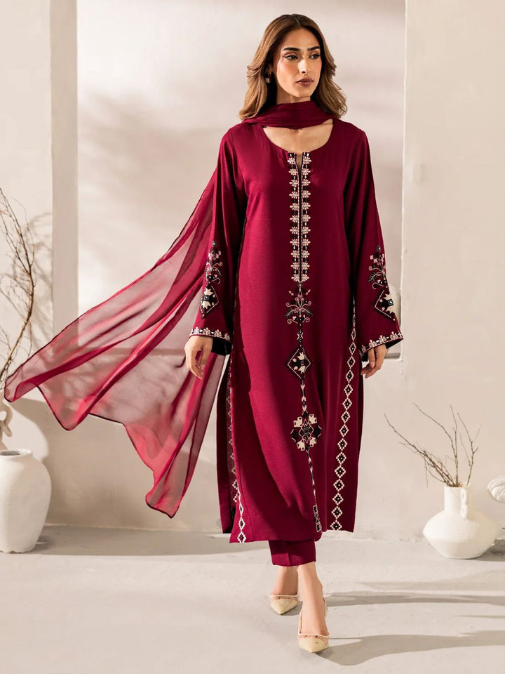 Maroon Embroidered Chanderi Kurta Pant with Dupatta