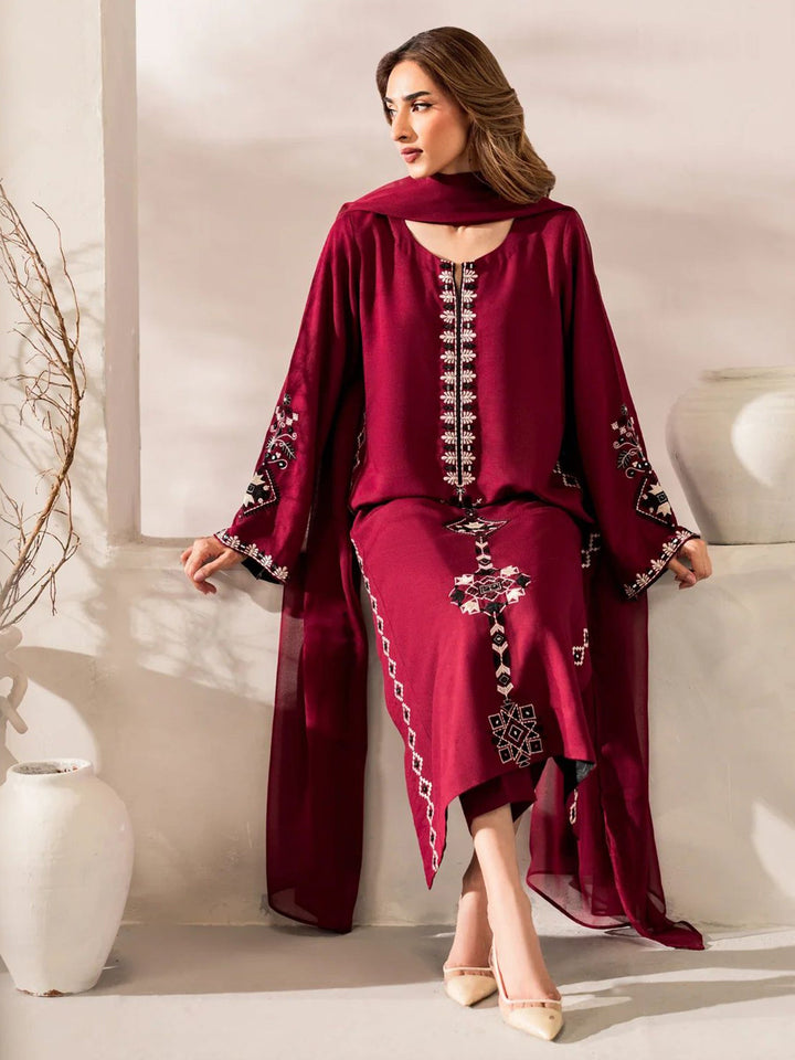 Maroon Embroidered Chanderi Kurta Pant with Dupatta