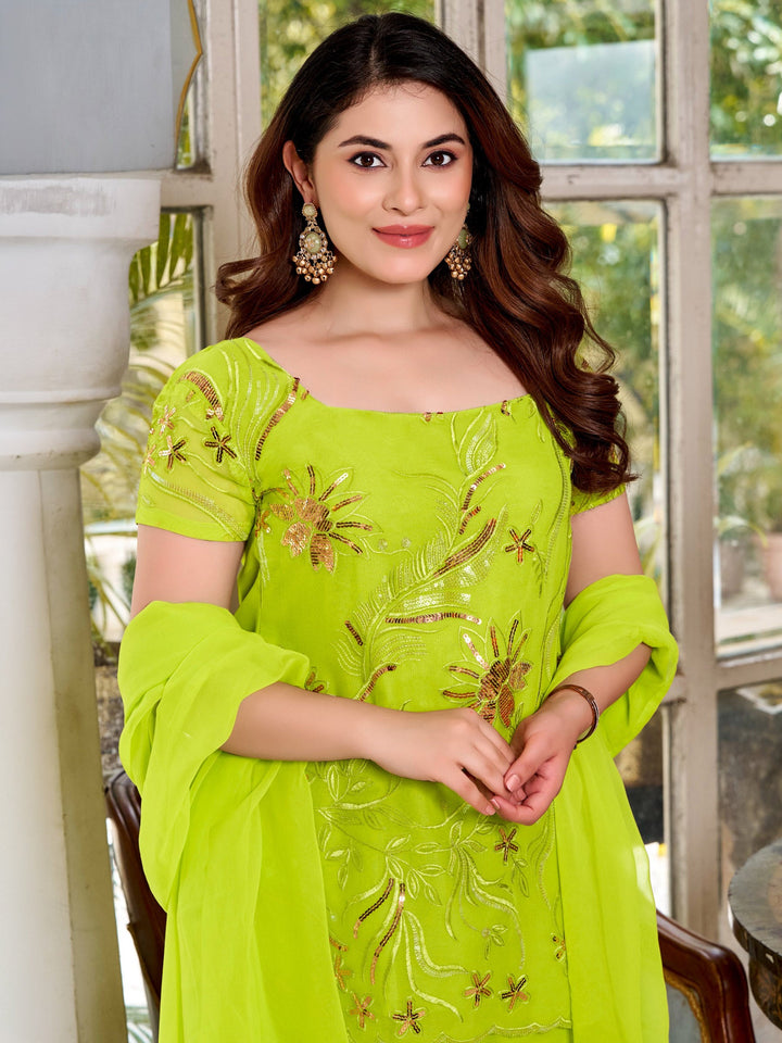 Lime Green Embroidered Georgette Kurta Palazzo with Dupatta