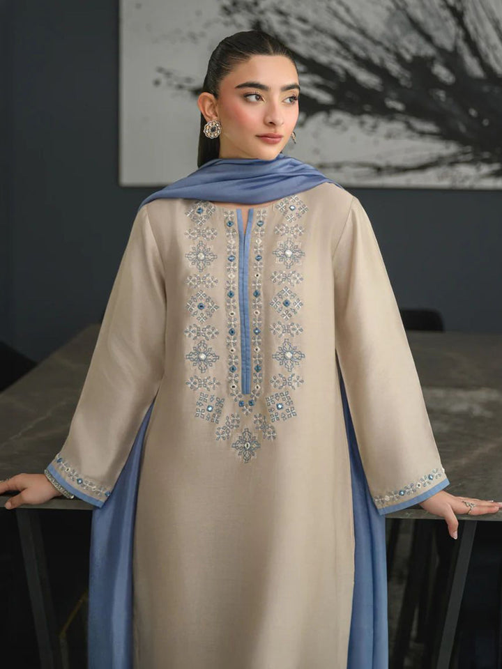 Beige Embroidered Chanderi Kurta Pant with Dupatta