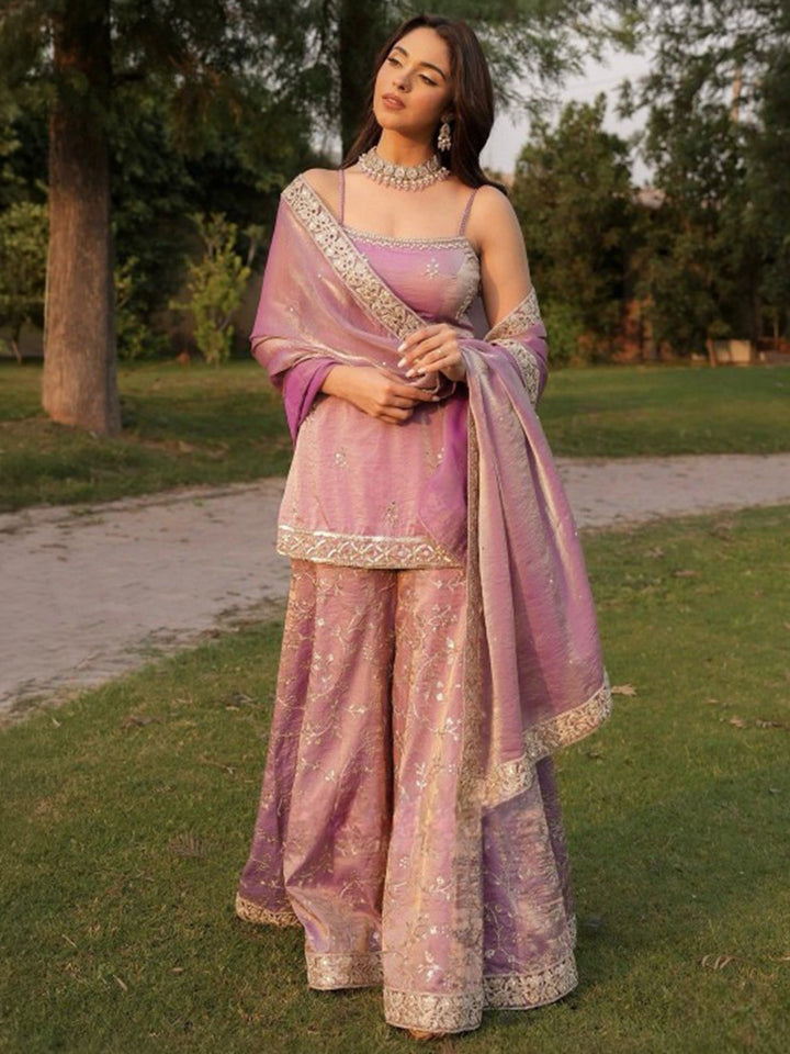 Lilac Embroidered Art Silk Kurta Palazzo with Dupatta
