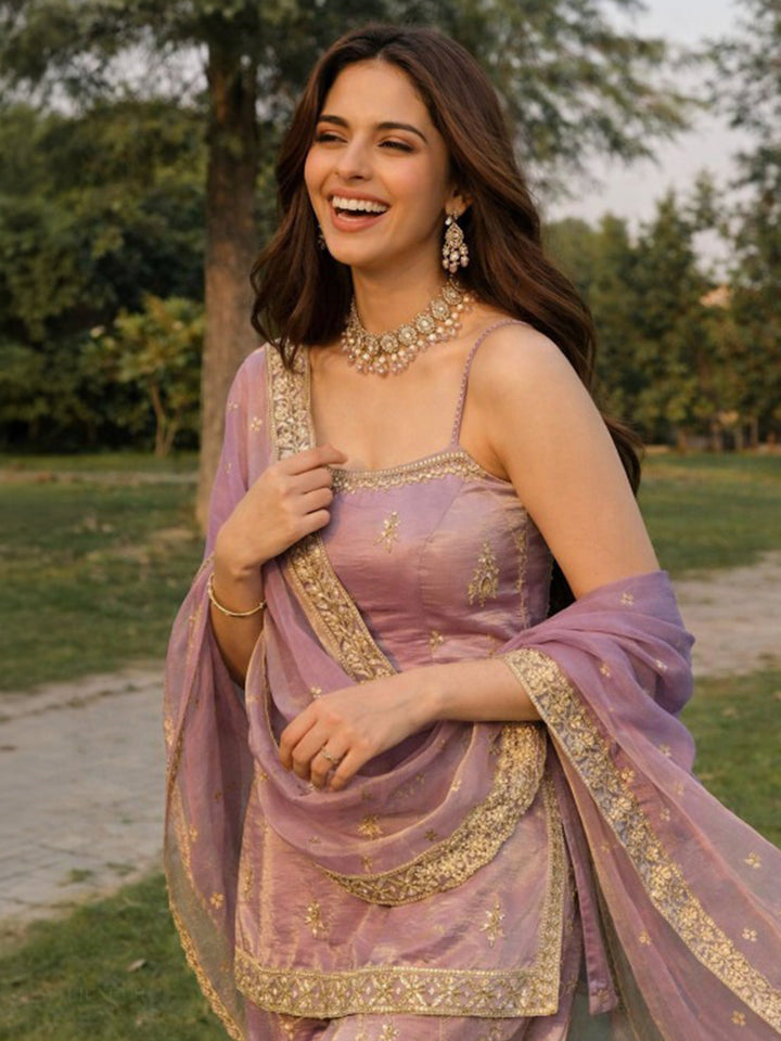 Lilac Embroidered Art Silk Kurta Palazzo with Dupatta