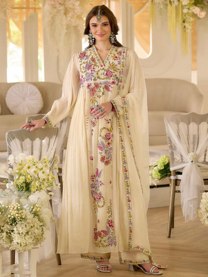 Beige Embroidered Georgette Kurta Pant with Dupatta