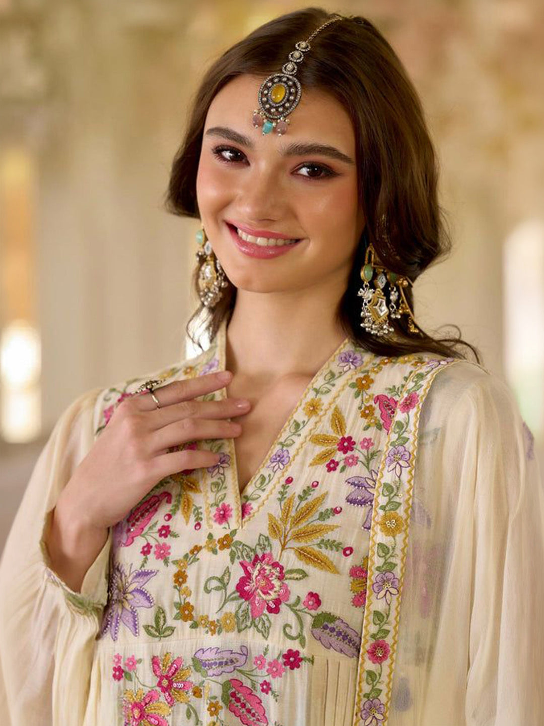 Beige Embroidered Georgette Kurta Pant with Dupatta