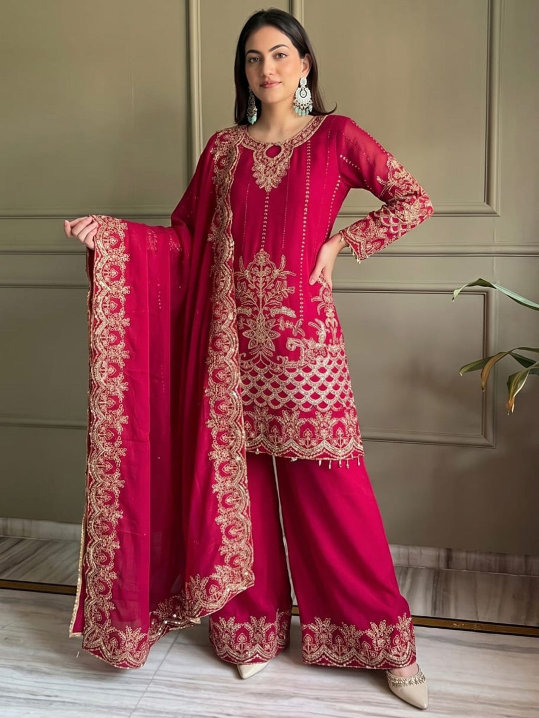 Rani Embroidered Georgette Kurta Palazzo with Dupatta