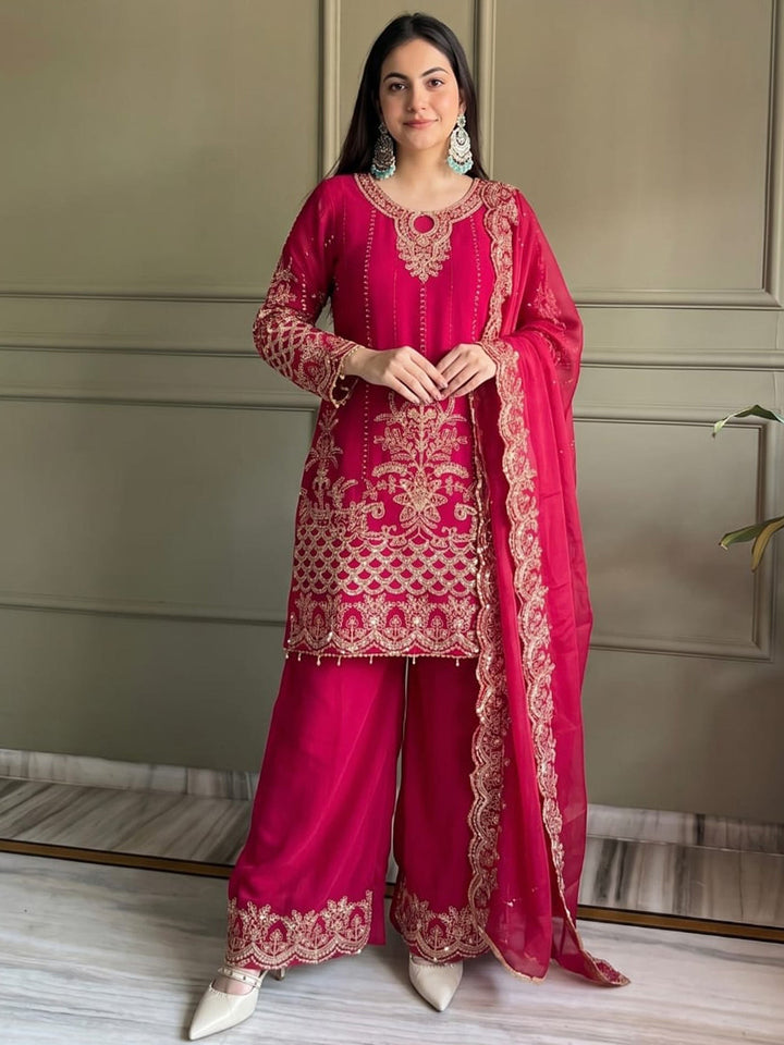 Rani Embroidered Georgette Kurta Palazzo with Dupatta