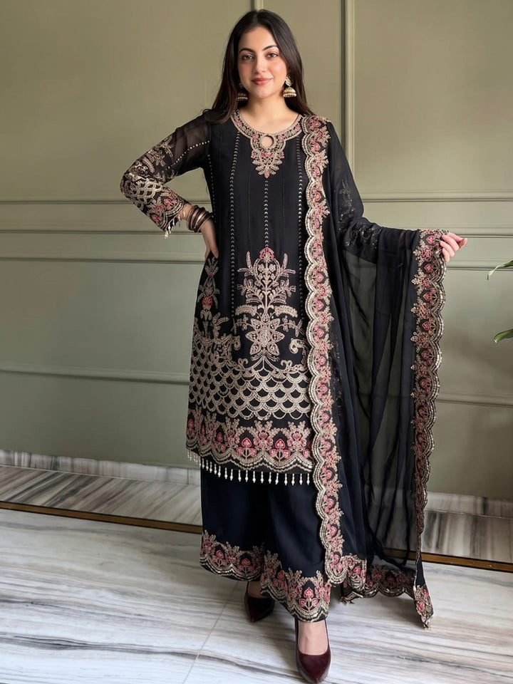Black Embroidered Georgette Kurta Palazzo with Dupatta