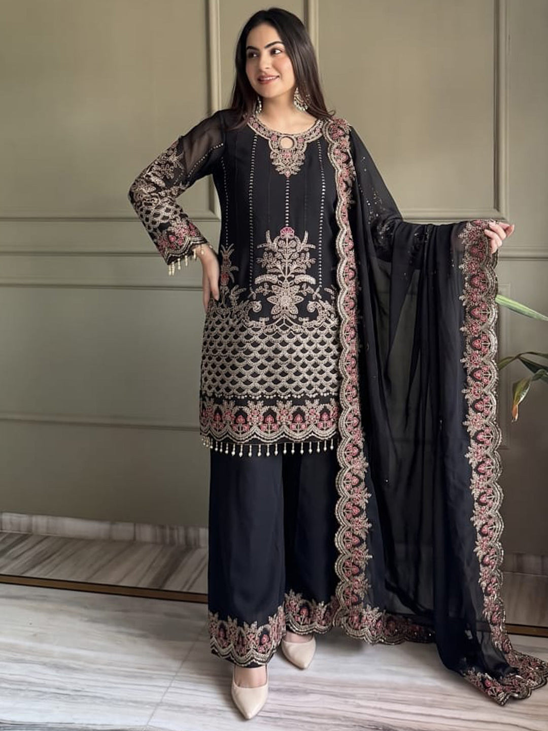 Black Embroidered Georgette Kurta Palazzo with Dupatta
