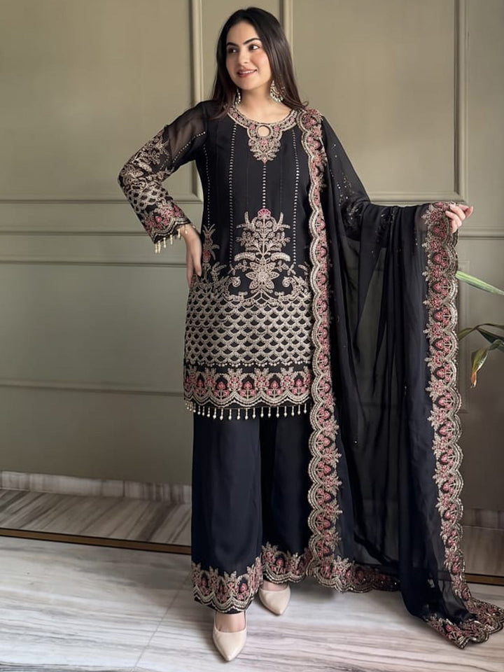 Black Embroidered Georgette Kurta Palazzo with Dupatta