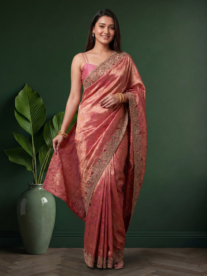 Pink Embroidered Art Silk Saree