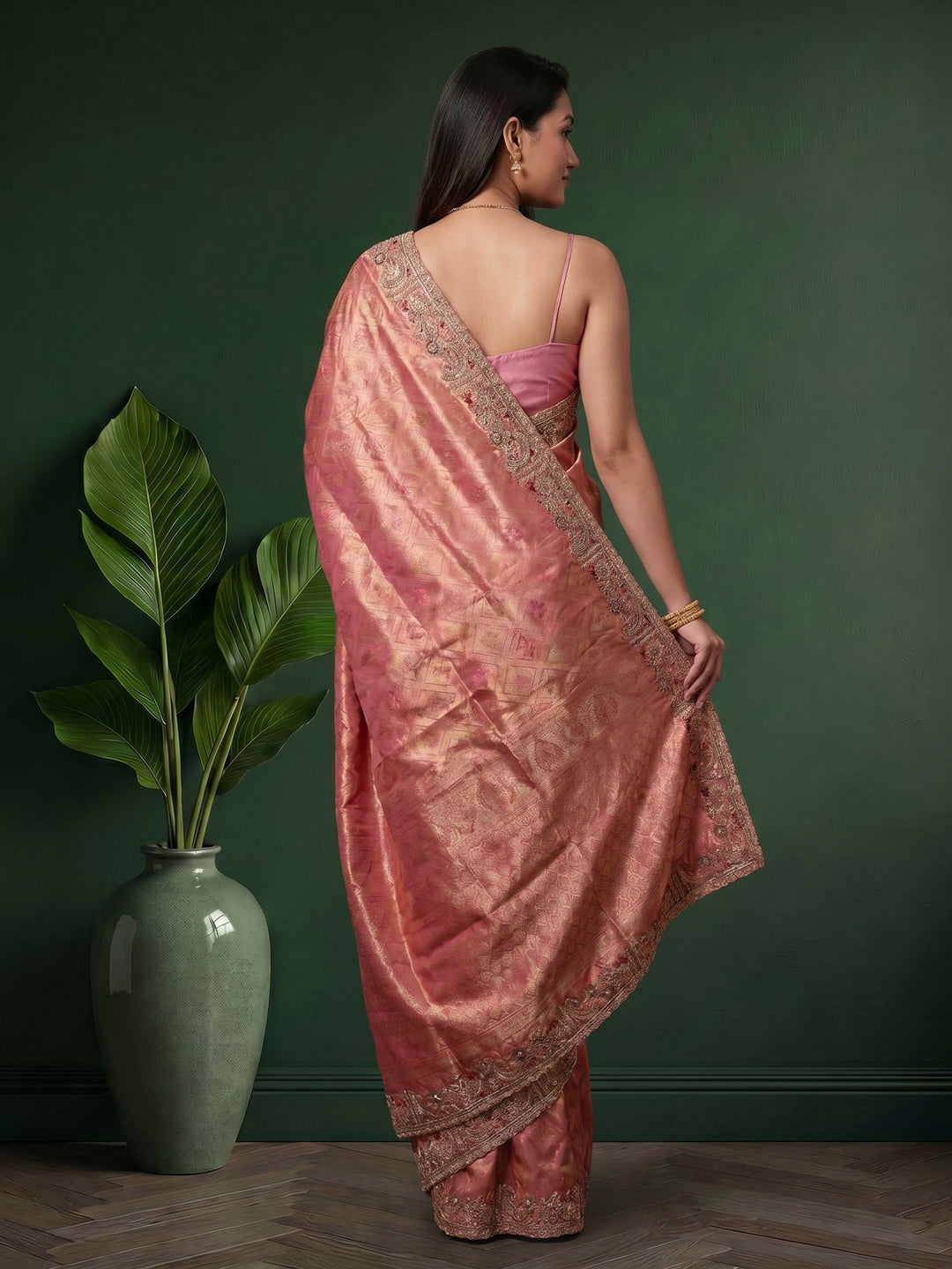 Pink Embroidered Art Silk Saree