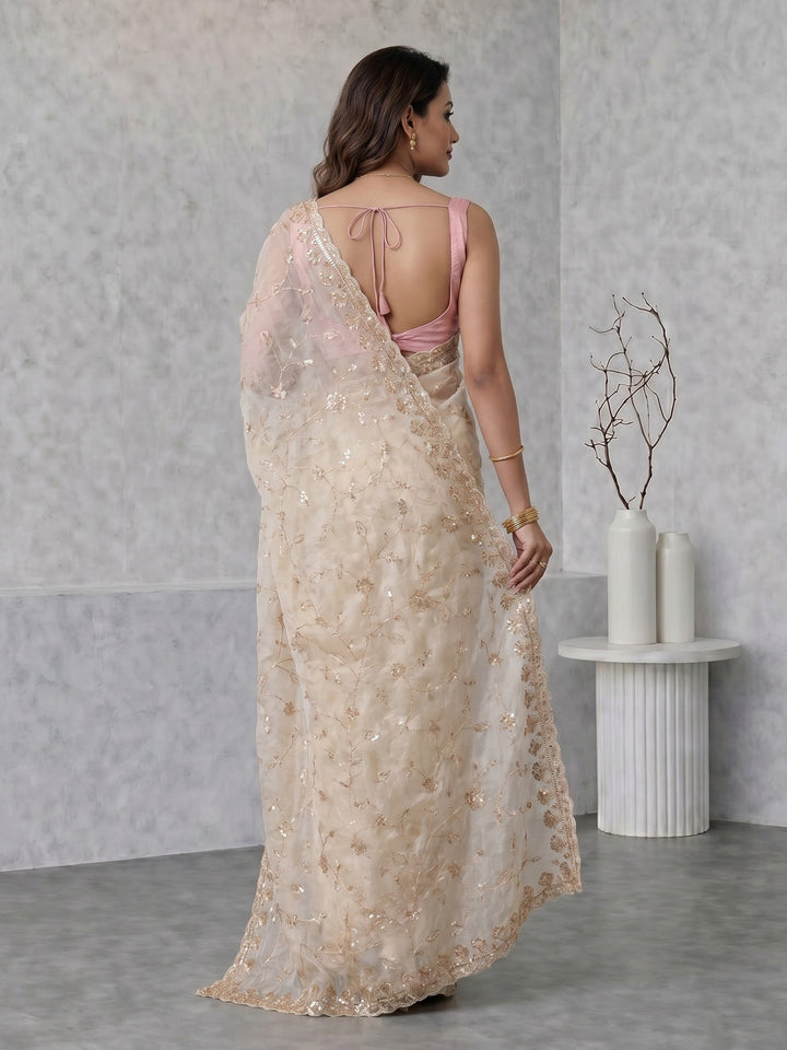 Off White Embroidered Organza Saree
