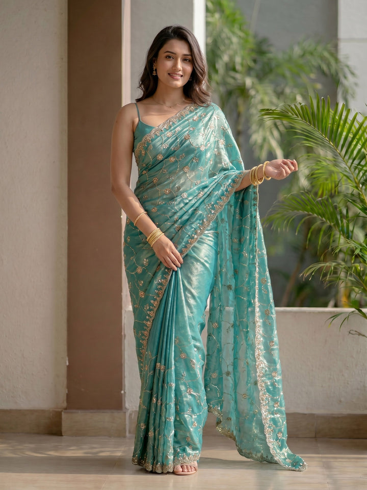 Sea Green Embroidered Tissue Saree
