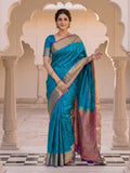 Lake Blue Zari Booti Handloom Saree