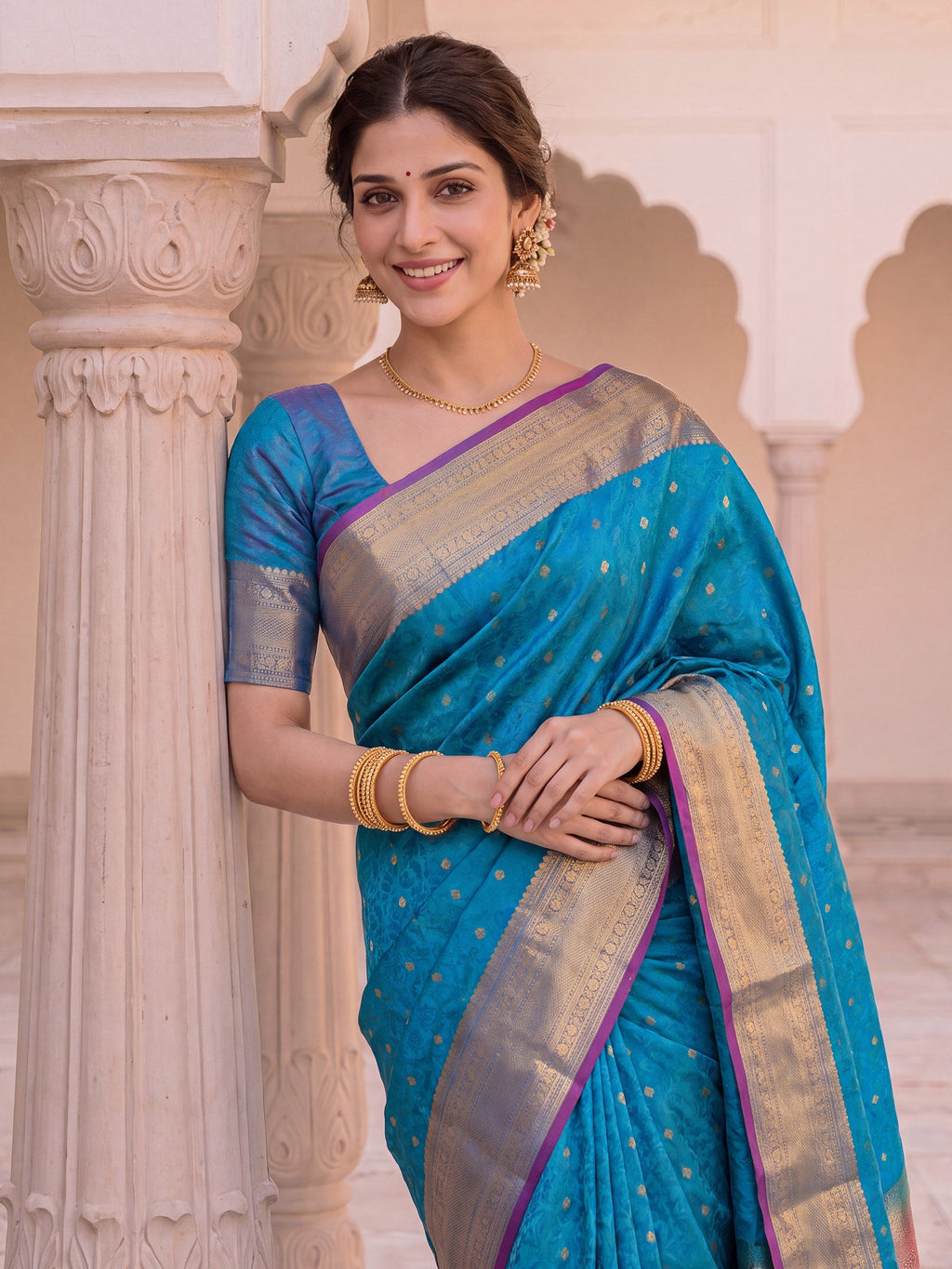 Lake Blue Zari Booti Handloom Saree