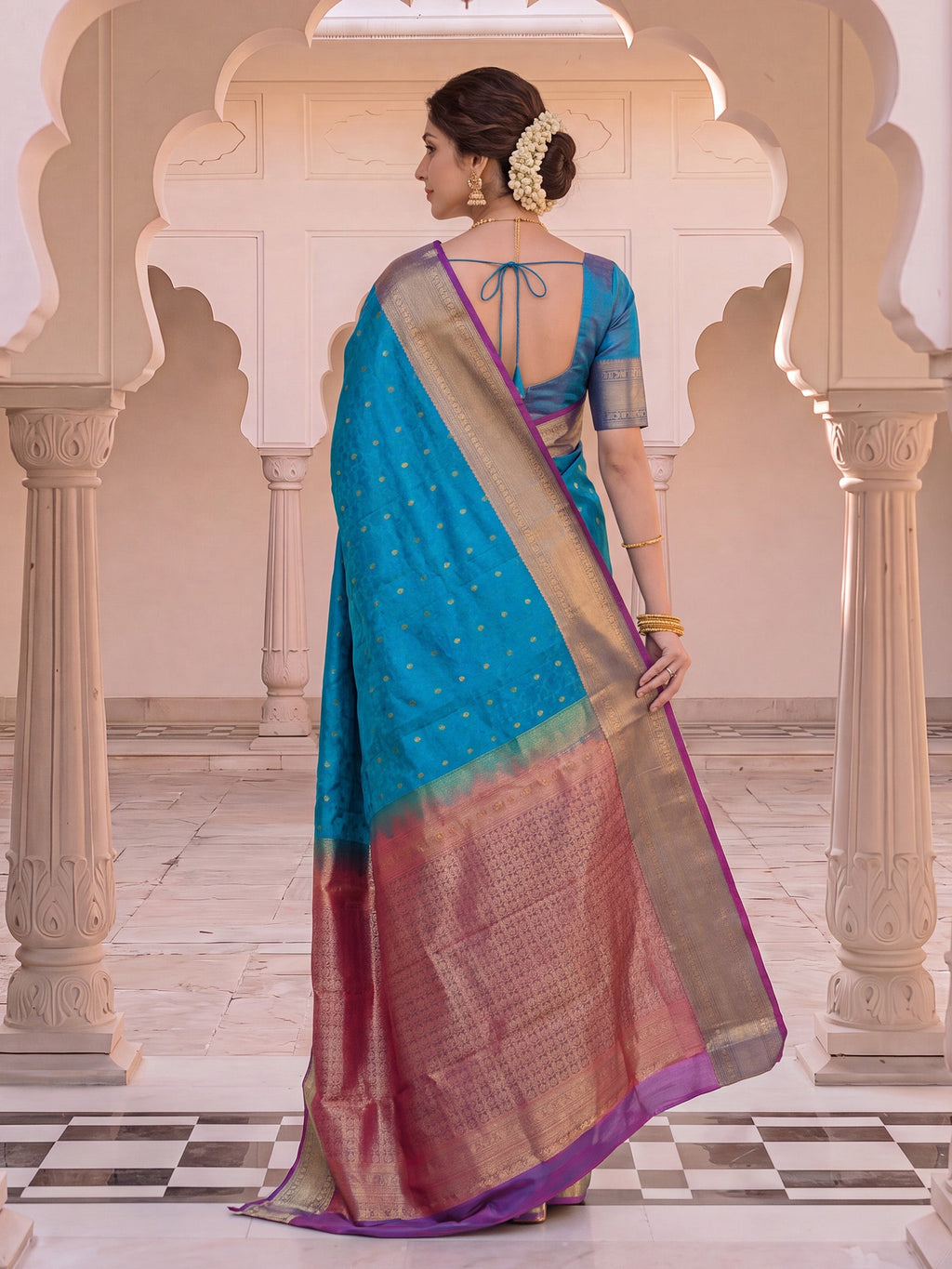 Lake Blue Zari Booti Handloom Saree