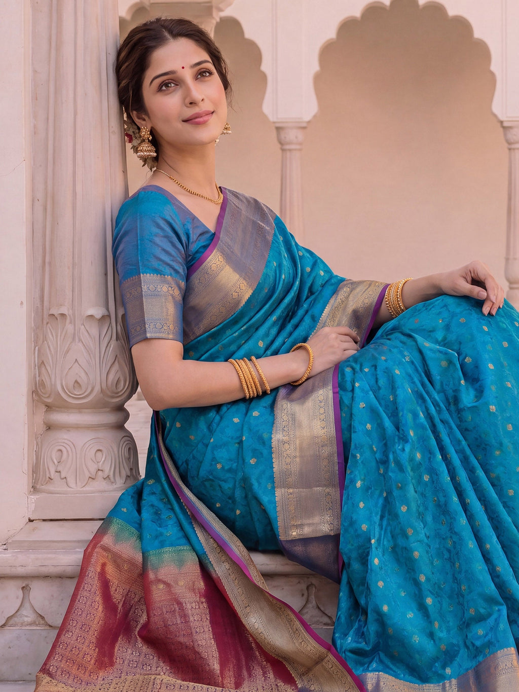 Lake Blue Zari Booti Handloom Saree