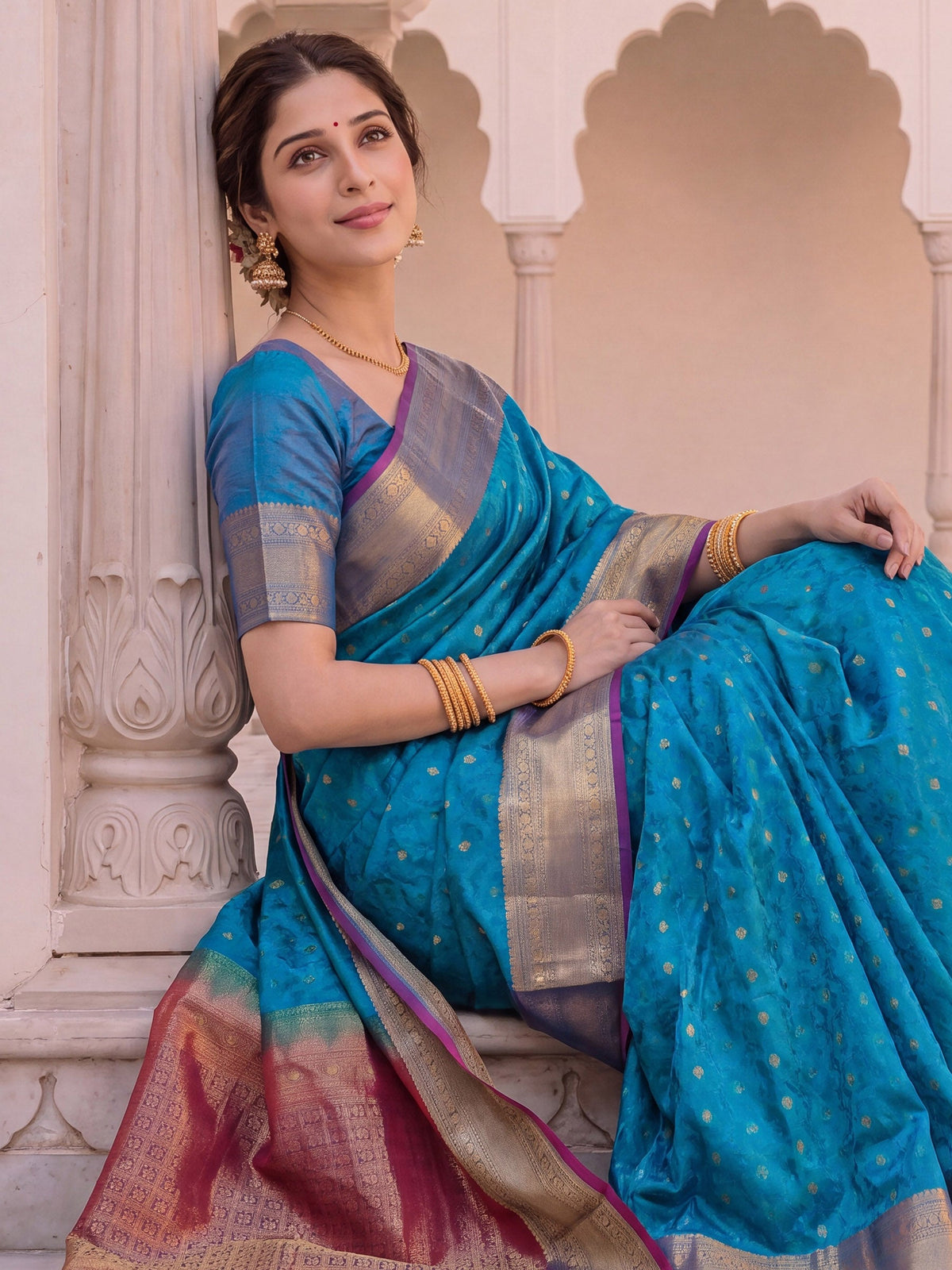 Lake Blue Zari Booti Handloom Saree