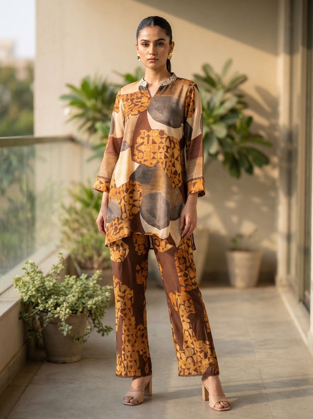 Multicolor Satin Printed Mandarin Collar Kurta Set