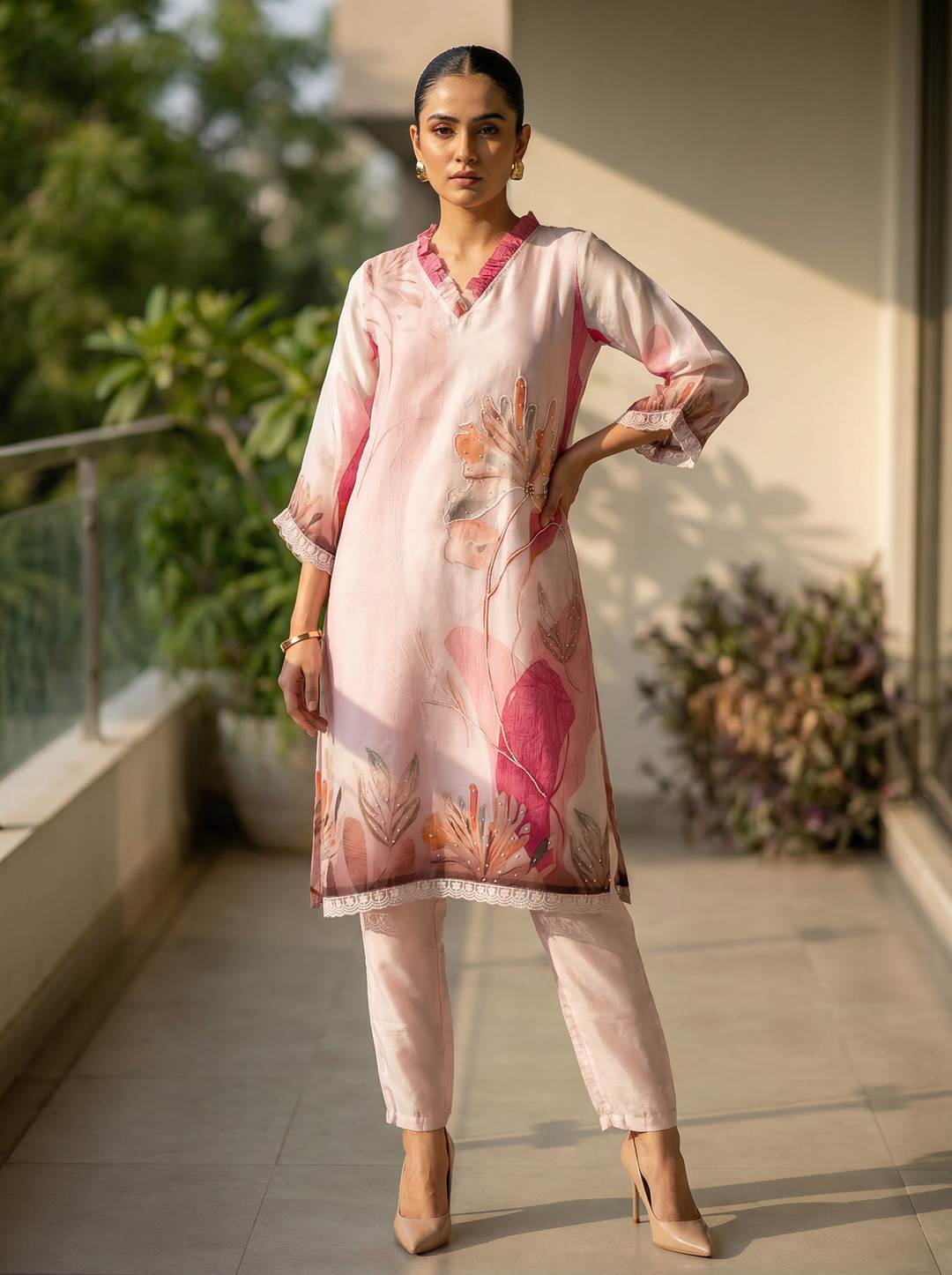 Pink Viscose Printed V Neck Suit Set