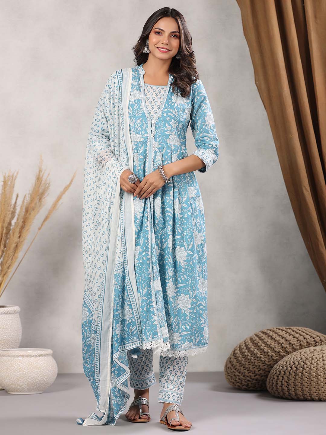 Printed Cotton Kurta With Pants &amp; Dupatta