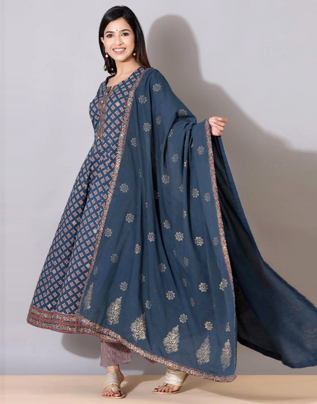 Navy Blue Cotton Salwar Kameez Stitched Suit