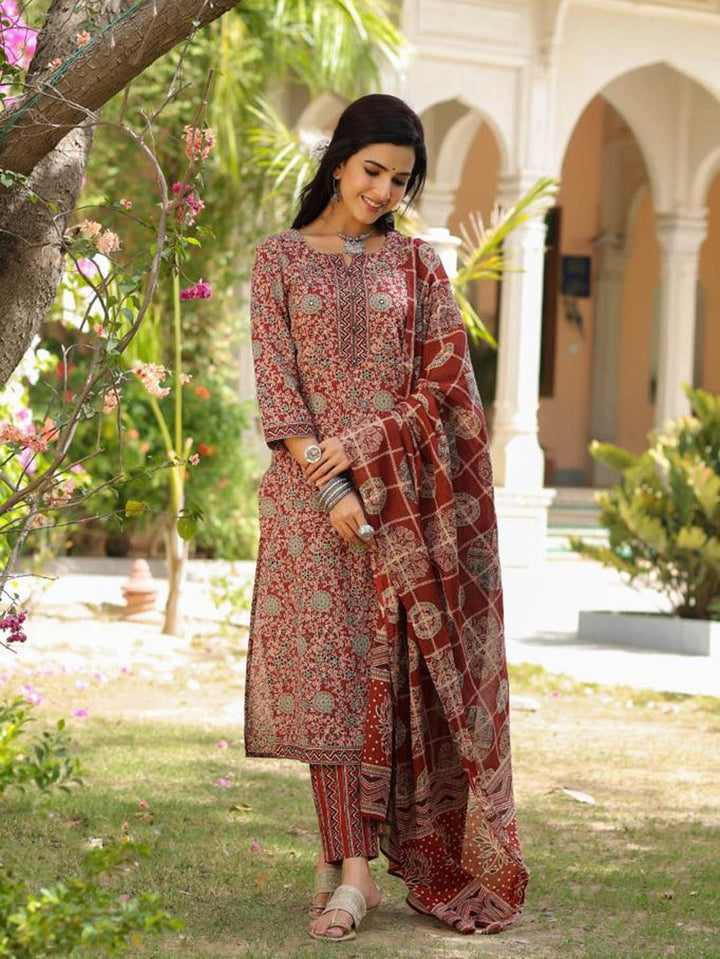 Printed Cotton Kurta With Pants &amp; Dupatta