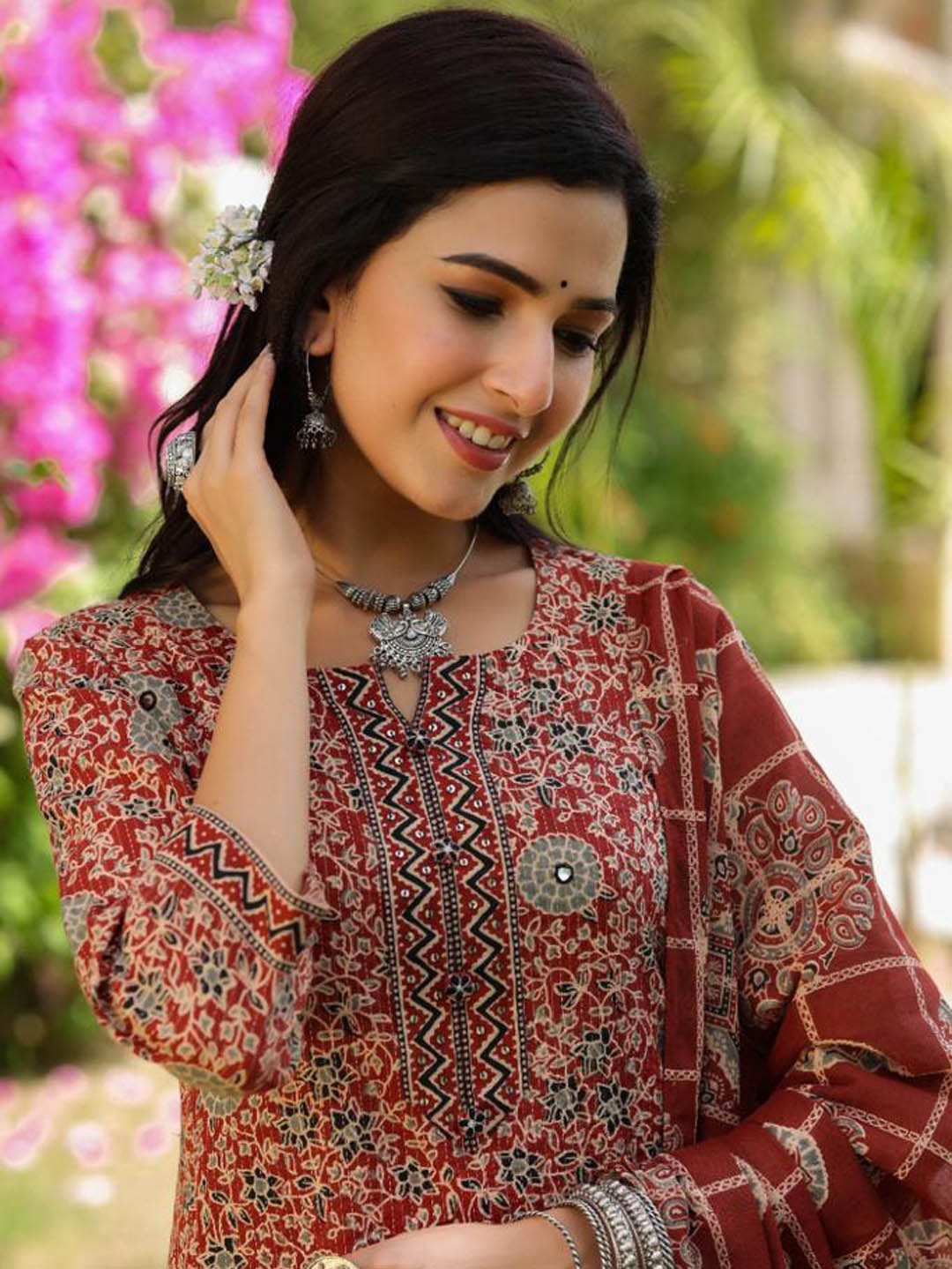 Printed Cotton Kurta With Pants &amp; Dupatta