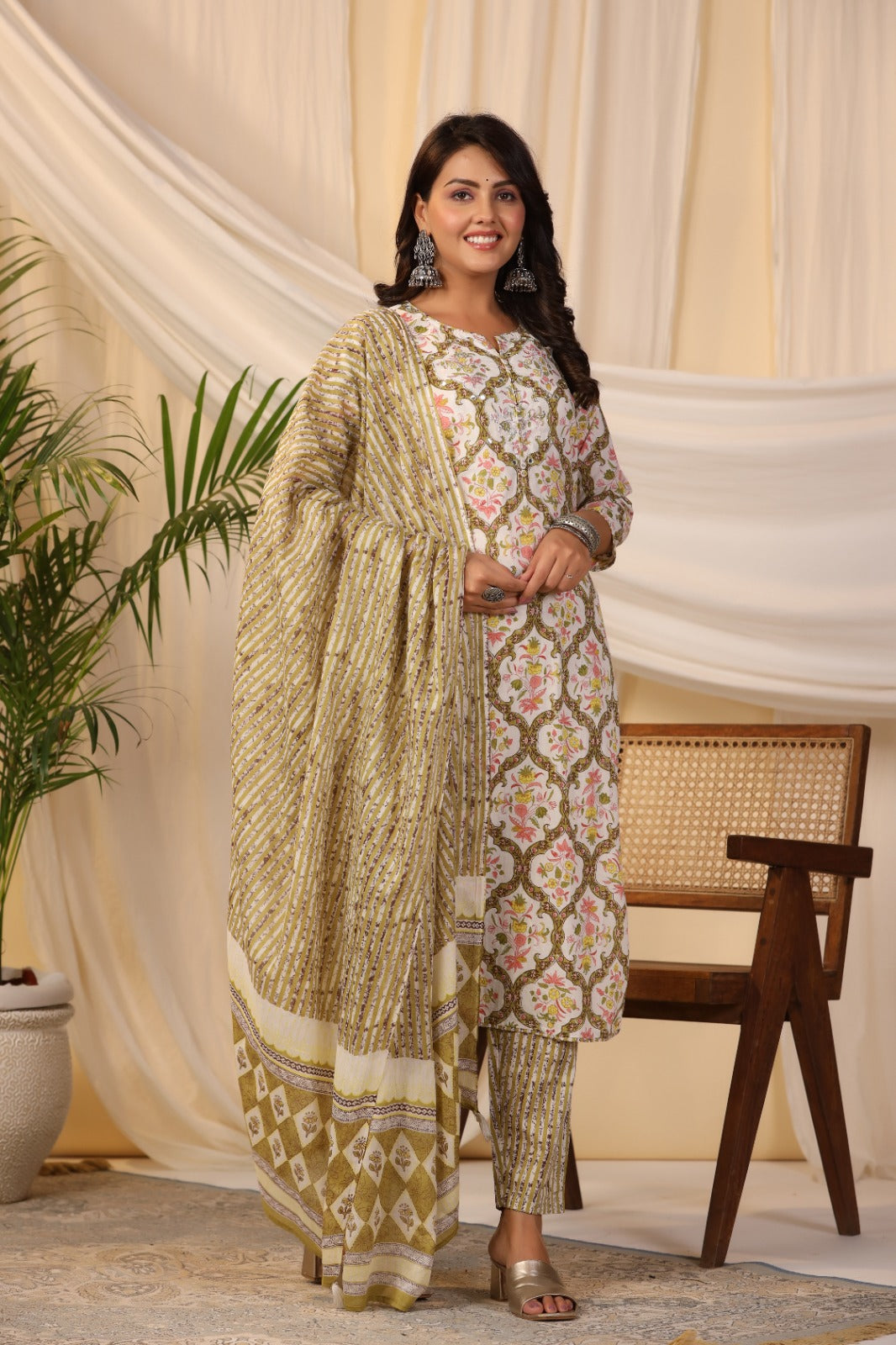 Printed Cotton Kurta With Pants &amp; Dupatta