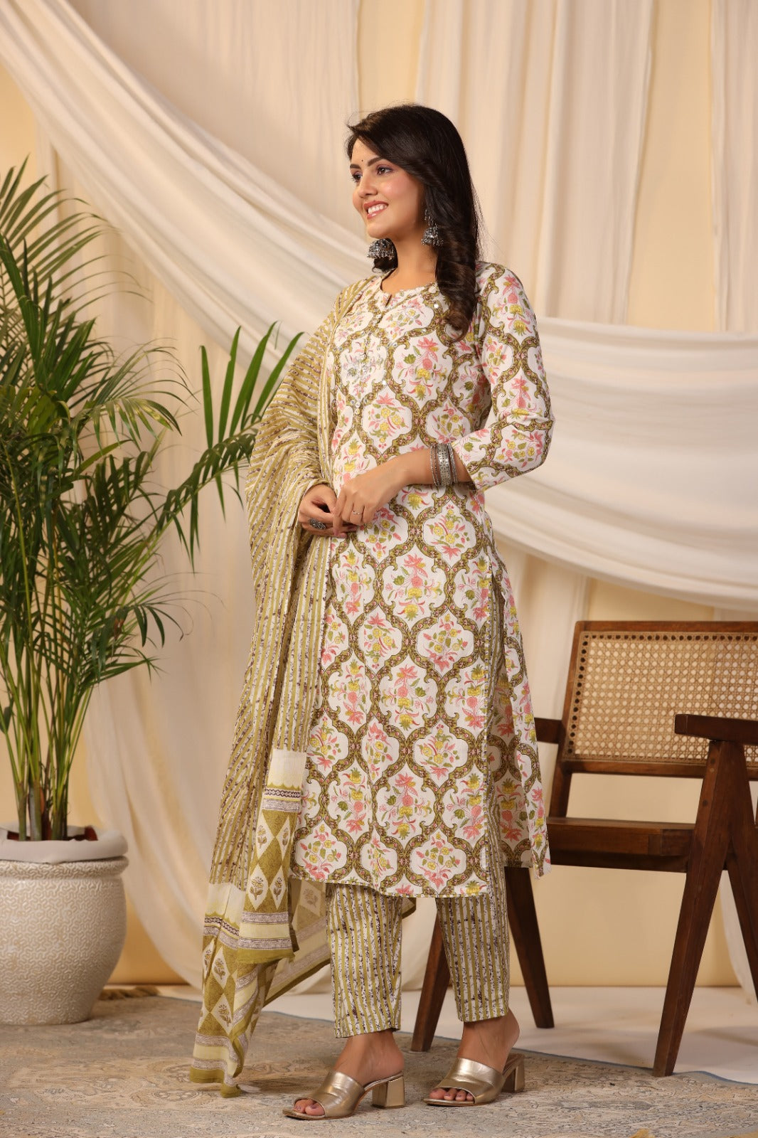 Printed Cotton Kurta With Pants &amp; Dupatta