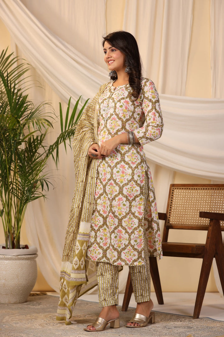 Printed Cotton Kurta With Pants &amp; Dupatta