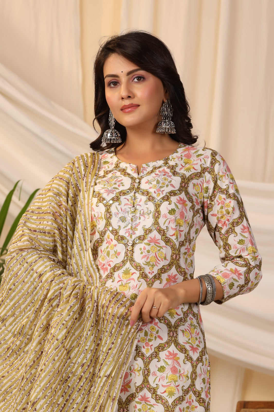 Printed Cotton Kurta With Pants &amp; Dupatta