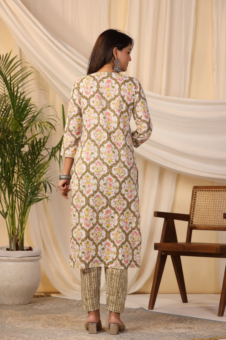 Printed Cotton Kurta With Pants &amp; Dupatta
