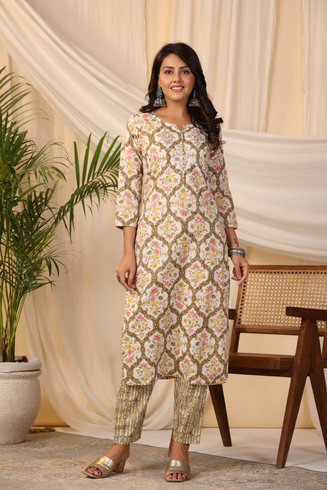 Printed Cotton Kurta With Pants &amp; Dupatta