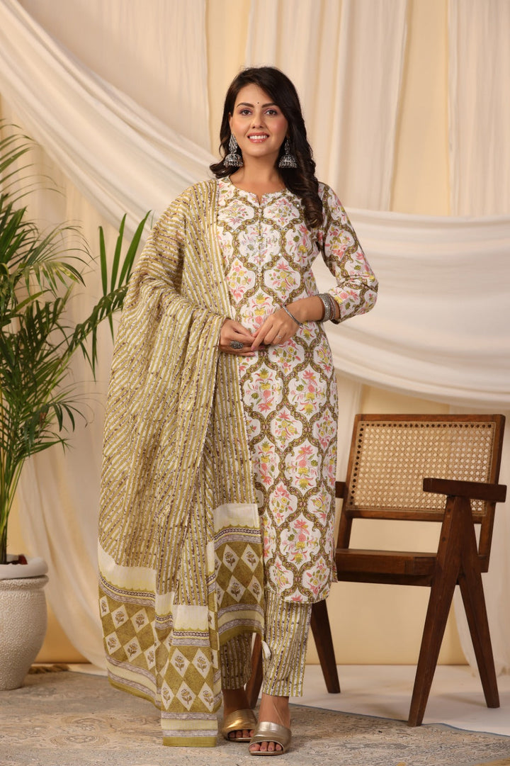 Printed Cotton Kurta With Pants &amp; Dupatta