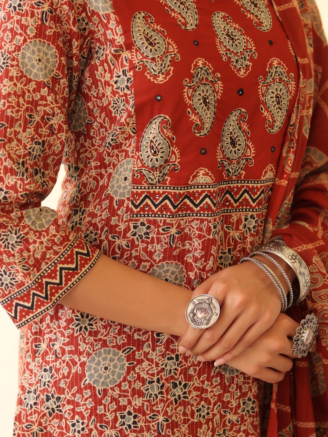 Printed Cotton Kurta With Pants &amp; Dupatta